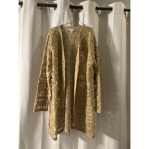 Chico's Size 3 Sheer Tan Embroidered Yarn Boho Lightweight Cardigan Duster